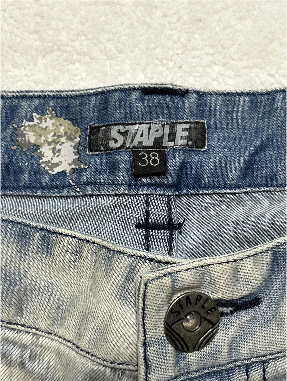 Staple Pigeon Blue Distressed Embroidered Design Bermuda Denim Shorts Mens 38